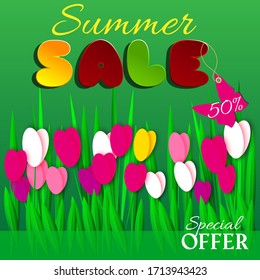 Summer sale banner. Colourful flowers and grass in paper cutting style. Butterfly-tag and bright tulips on green background. Floral colorful design