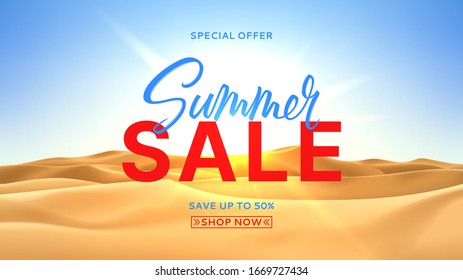 Summer sale banner concept. Realistic desert landscape with sunshine. Beautiful view on realistic sand dunes with sunset. 3d vector illustration of sandy desert. Seasonal discount offer.