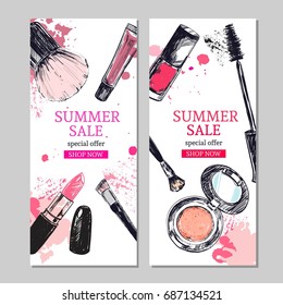 Summer sale banner. Cosmetics and beauty background with make up artist  objects: lipstick, cream, brush. With place for your text .Template Vector.