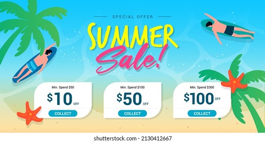 Summer sale banner coupons vector illustration. summer beach with surfing activity