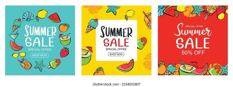 Summer sale banner cover template background. Summer discount special offer in hand drawn style.