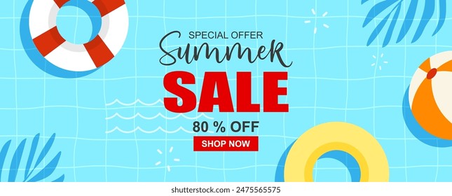 Summer sale banner cover template background. Summer swimming pool discount special offer.