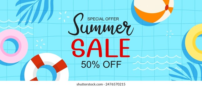 Summer sale banner cover template background. Summer swimming pool discount special offer.