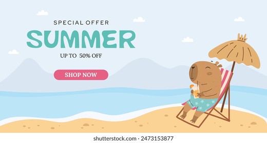 Summer sale banner with cute capybara