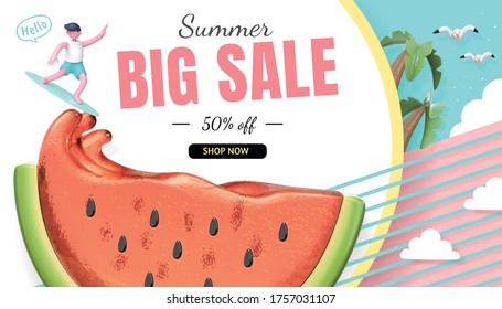 Summer sale banner, cute character riding watermelon juice waves, 3d illustration