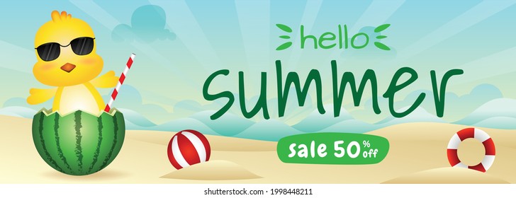 summer sale banner with a cute chick in the watermelon