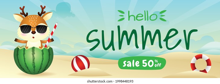 summer sale banner with a cute deer in the watermelon