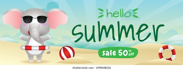 summer sale banner with a cute elephant using lifebuoy ring