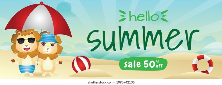 summer sale banner with a cute lion couple using umbrella in beach