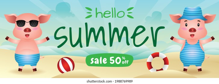 summer sale banner with a cute pig in beach