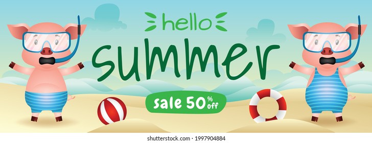 summer sale banner with a cute pig couple using snorkeling costume in beach