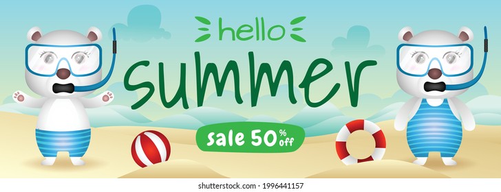 summer sale banner with a cute polar bear couple using snorkeling costume in beach