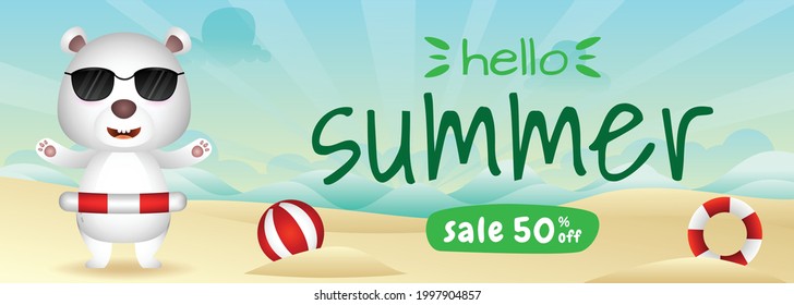 summer sale banner with a cute polar bear using lifebuoy ring