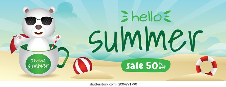 summer sale banner with a cute polar bear in the cup