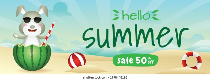 summer sale banner with a cute rabbit in the watermelon