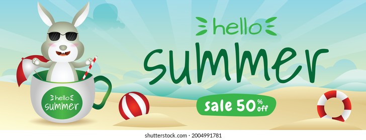 summer sale banner with a cute rabbit in the cup