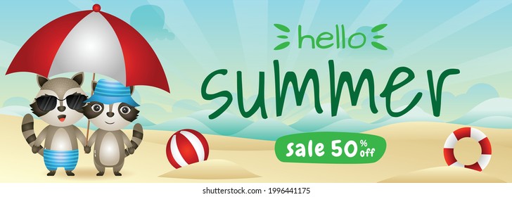 summer sale banner with a cute raccoon couple using umbrella in beach