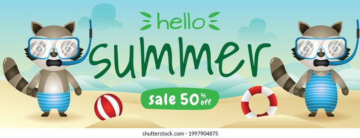 summer sale banner with a cute raccoon couple using snorkeling costume in beach