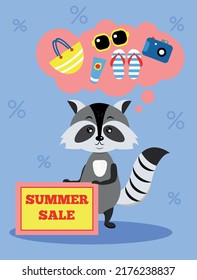 Summer sale banner. Cute raccoon and summer sale. Illustration in flat style.