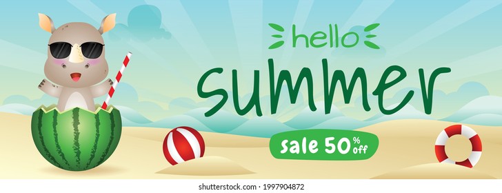 summer sale banner with a cute rhino in the watermelon
