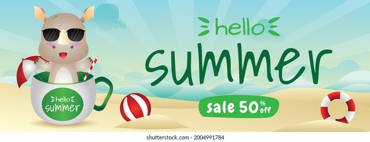 summer sale banner with a cute rhino in the cup