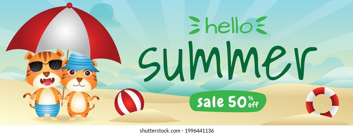 summer sale banner with a cute tiger couple using umbrella in beach