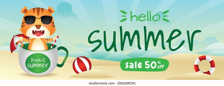 summer sale banner with a cute tiger in the cup