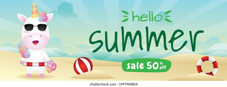 summer sale banner with a cute unicorn using lifebuoy ring