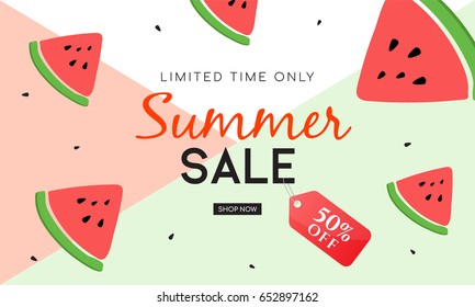Summer sale banner with cute watermelon slice on colorful background, Vector illustration