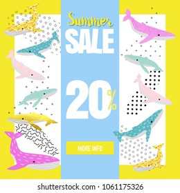 Summer Sale Banner with Cute Whales. Promotional Design Template for Poster, Flyer. Summer Discount Background Marine Theme. Vector illustration