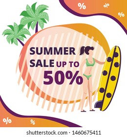 Summer Sale Banner with Cute Young Woman Wearing Bikini Holding Surf Board on Abstract Geometric Background with Palm Trees and Typography, Discount Poster, Flyer, Cartoon Flat Vector Illustration