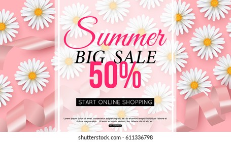 Summer sale banner with daisy flower on pink background, vector illustration