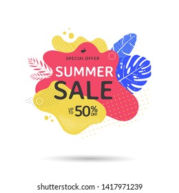 Summer sale banner design with abstract geometric shapes and palm leaves. Tropical Discount Poster with liquid form and texture. Vector illustration Summer sale banner design with abstract geometric shapes and palm leaves. Tropical Discount Poster with liquid form and texture. Vector illustration
