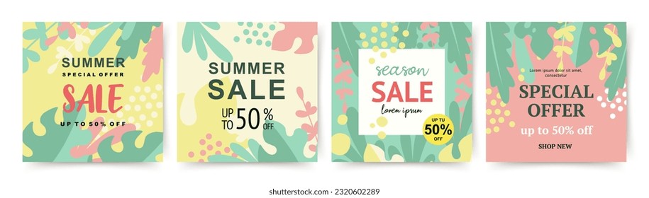 Summer sale banner design. Abstract backgrounds with tropical floral shapes. Social media post templates. Vector illustration for web banner, social network, mobile app, internet ads