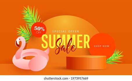 Summer sale banner design background with flamingo, tropical palm leaves and minimalistic product display podium for cosmetic products on orange background. Vector Illustration