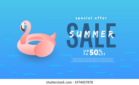 Summer sale banner design background with flamingo on a bright blue background. Voucher discount