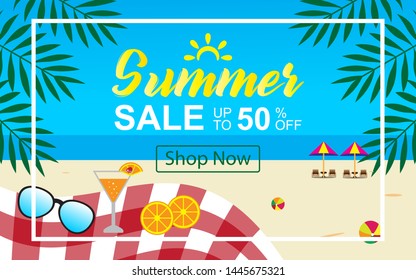 Summer Sale banner design in beach sand, under the sun, seaside, orange, orange juice, sunglasses, beach ball, tropical leaf, picnic table in sky blue beach background. Vector Illustrations.