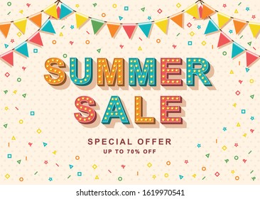 Summer Sale Banner Design. Best Offer For Summer Sale. Summer Season Shopping Event, Special Discount Offer. Confetti Flat Illustration With Carnival Style Lettering. 