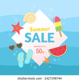 Summer Sale banner design with blue waves and different summer icons such as sea shell, sea star, watermelon, ice cream, sunglasses and more. Discount up to 50%.- Vector