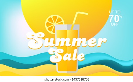 Summer sale banner design with colorful beach elements. Illustration