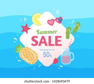 Summer Sale banner design concept with text, sunglasses, pineapple, sea star, lemon and more on blue waved background. Discount up to 50%. - Vector