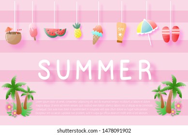 Summer sale banner design with cute paper cut coconut ice cream fruits sunscreen. Vector illustration 