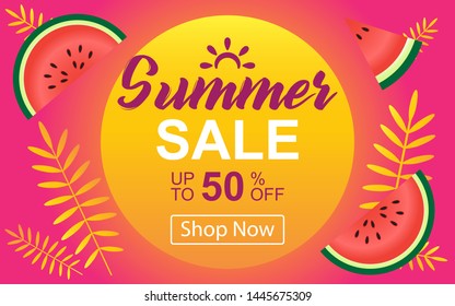 Summer Sale banner design with elements of tropical leaf in abstract style of beach sunset summer in yellow pink background. Vector Illustrations.