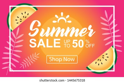 Summer Sale banner design with elements of tropical leaf in abstract style of beach sunset summer in yellow pink background. Vector Illustrations.