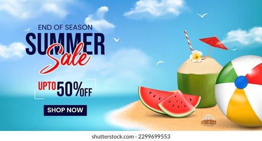 summer sale banner design, end of season summer sale offer banner illustration with summer elements