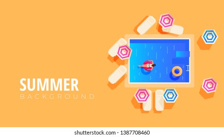 Summer sale banner design with flat design of resting people in the pool, travel and vacations