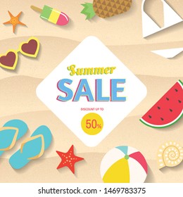 Summer Sale banner design with flat illustrations of watermelon, flip flops, sunglasses, ice cream and more. Beach sand background. - Vector