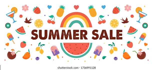 Summer sale, banner design with fruits, ice cream, rainbow, watermelon and cocktails 