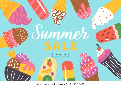 Summer sale banner design with ice cream and popsicle. Template for social media banner, poster or newsletter design. Vector Illustration