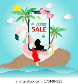 Summer sale banner design for the online store, shop, promotional leaflet, with tropical beach top view background. Vector illustration